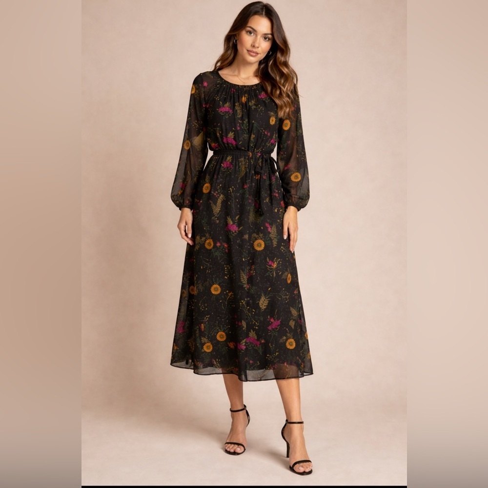 Uniqlo Black Vibrant Floral Sheer Long Sleeve MIDI Dress Size-Medium Cottagecore
